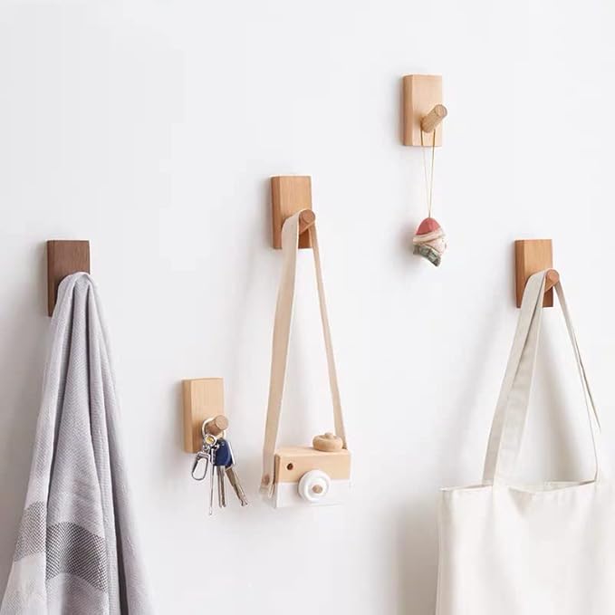 HomeDo 4Pack Adhesive Wall Hooks Hat Rack, Wooden Coat Hooks Wall Mounted - Image 5