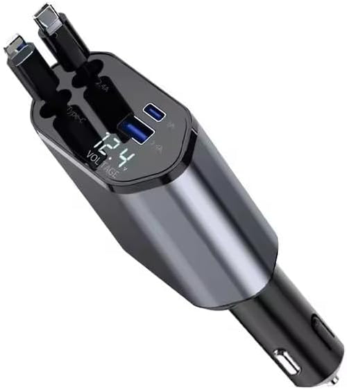 120W Retractable Car Charger 4-in-1 USB-C & Lightning Cable – Fast Charging by JPHASIC