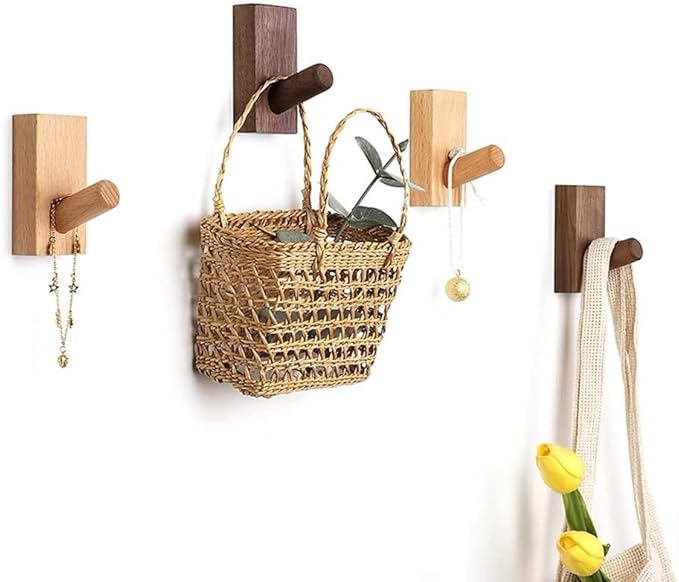 HomeDo 4Pack Adhesive Wall Hooks Hat Rack, Wooden Coat Hooks Wall Mounted - Image 4