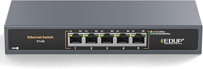 Ethernet Switch 2.5 Gigabit, 5 Ports Multi-Gigabit Ethernet Switch, Plug & Play by EDUP
