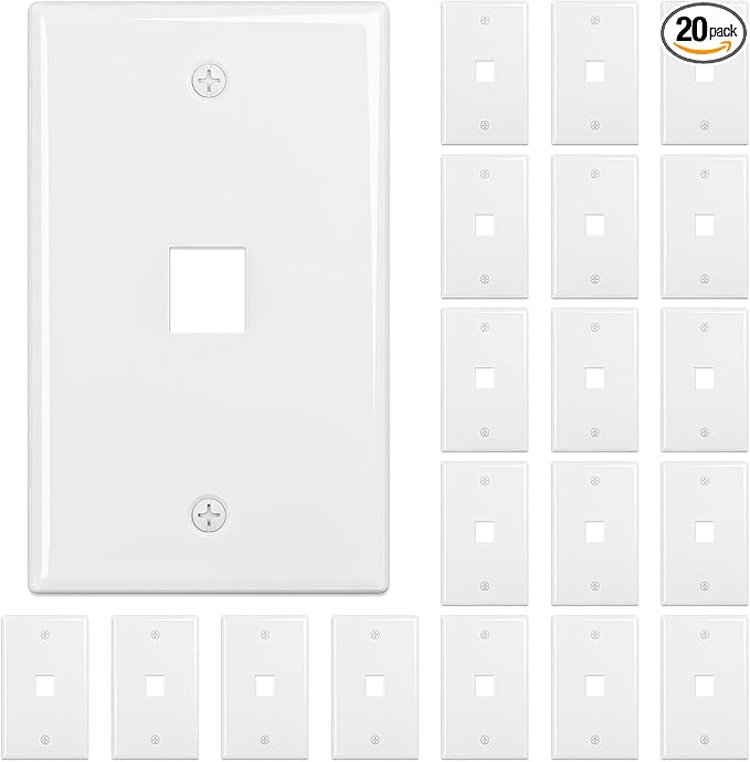 FGB 1-Port Keystone Wall Plate 20-Pack, Low-Profile Single Gang Wall Plates by FGB