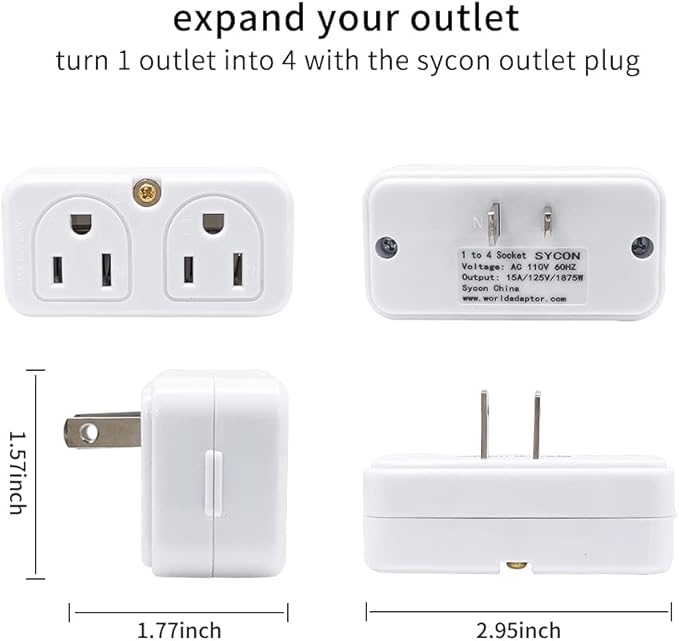SYCON Adapter Outlet Extender, 2-Prong Mini Wall Plug - Image 3