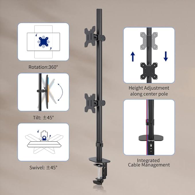 Pholiten Tall Vertically Stacked Dual Monitor Desk Mount Stand, Extra Tall 31 - Image 3
