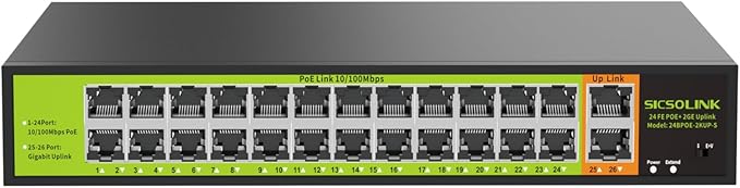 POE Switch with 24 Port POE + 2 Gigabit Uplink, 802.3af/at PoE+ 100Mbps by SICSOLINK