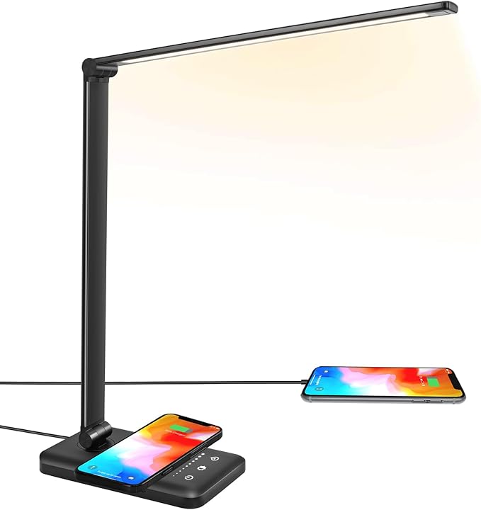 LED Desk Lamp with Wireless Charger, USB Charging Port, 10 Brightness, 5 Color by JOSTIC