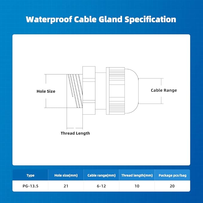 Cable Gland 20 Pack Plastic Waterproof Adjustable Connector 6-12mm PG13.5 - Image 4