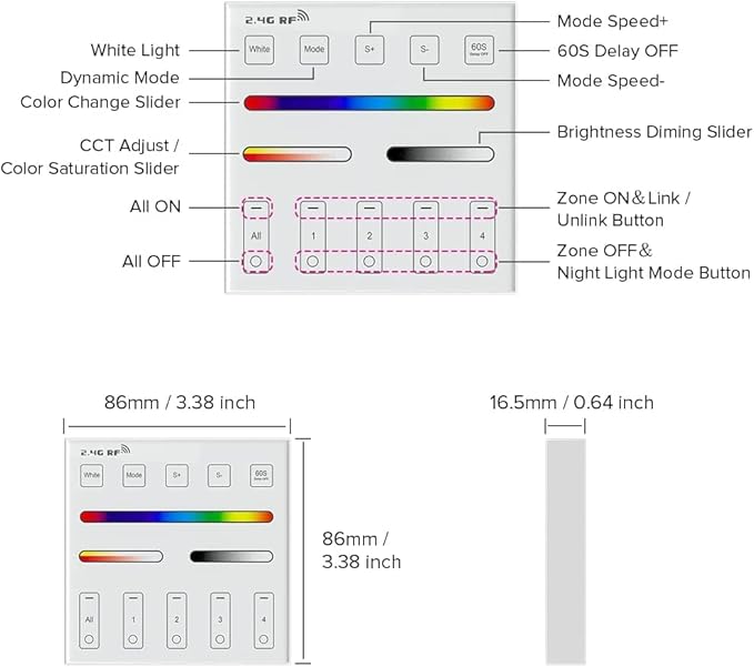 BTF-LIGHTING WR01RF Wireless 2.4G RF 4 Zones RGB RGBW RGBCCT Wall Mounted Smart - Image 3
