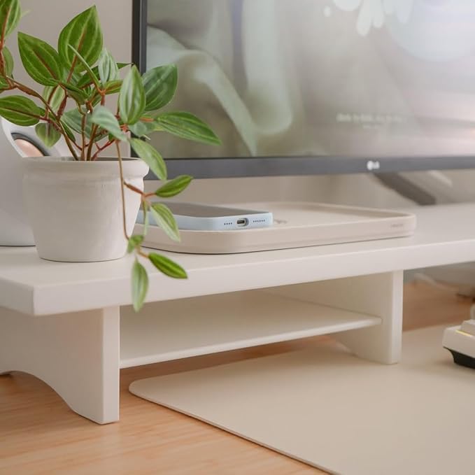 Bamboo Dual Monitor Stand Riser White, 2-Tier Desk Monitor Riser - Image 5