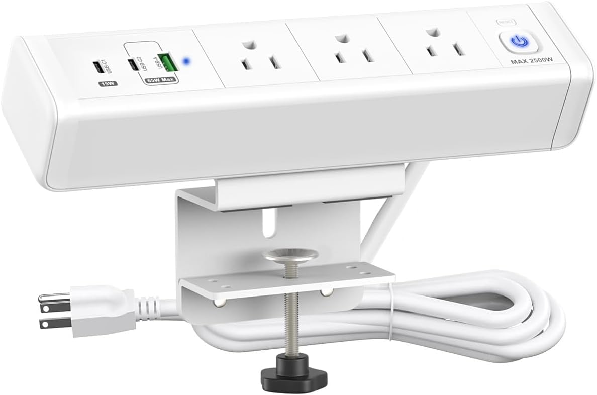 Desk Clamp Power Strip with 65W USB-C&USB A Ports 3 AC Outlet, Nightstand Edge by YYSKA