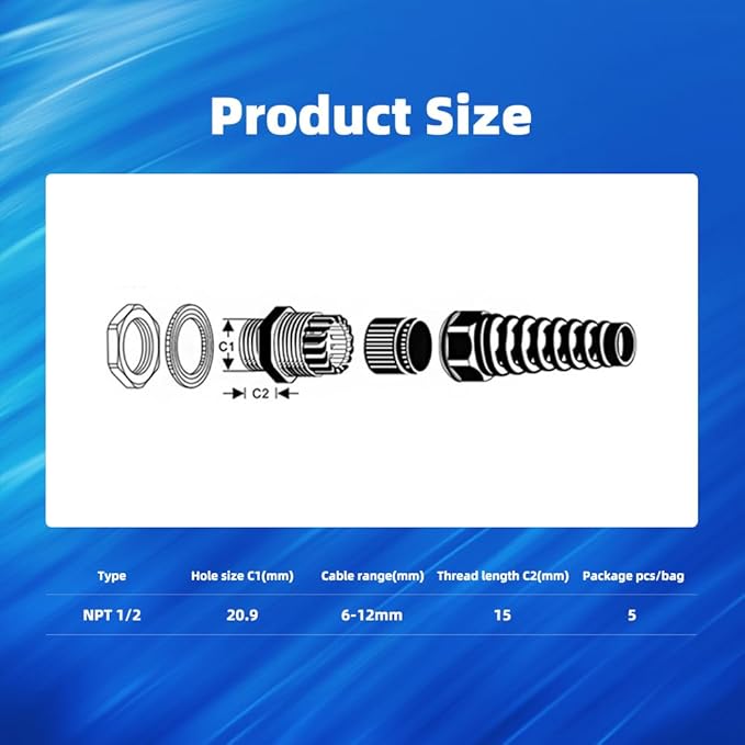 Strain Relief Cord Connector, CGELE 2 Pack NPT 1/2" Waterproof Cable Gland Cord - Image 2