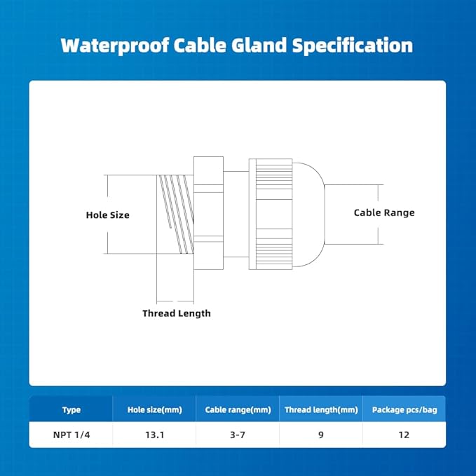 Cable Gland 12 Pack 1/4" NPT Waterproof Adjustable Connector Strain Relief Cord - Image 4