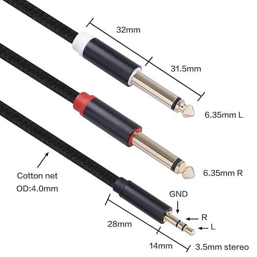 2Pack 16Ft 3.5mm TRS to Dual 6.35mm Stereo Cable 1/8 TRS to Dual 6.35mm 1/4 TS - Image 3