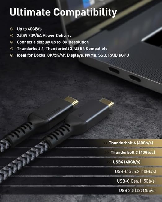 Maxonar Thunderbolt 4 Cable, 240W Thunderbolt Cable 40Gbps Sync 8K/5K@60Hz - Image 2
