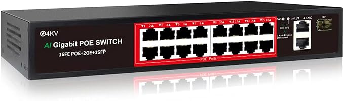 PoE Switch with 16 POE Ports +2 Gigabit Uplink, 1 x 1.25G SFP, 802.3af/at PoE+ by STEAMEMO