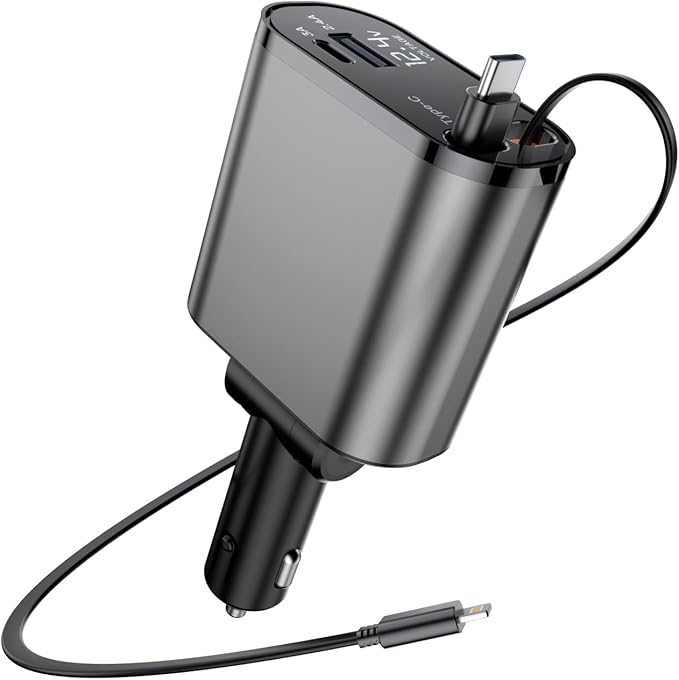 Retractable Car Charger with Dual Retractable Cords, Type-C Cable Fast Charging by ROADRESS