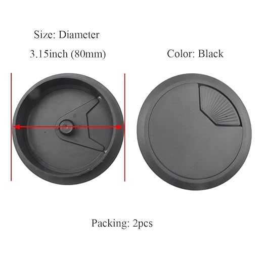 HAHIYO 2Pcs 3.15Inch/80mm Black ABS Plastic Sector-Shaped Desk Grommet Wire - Image 2