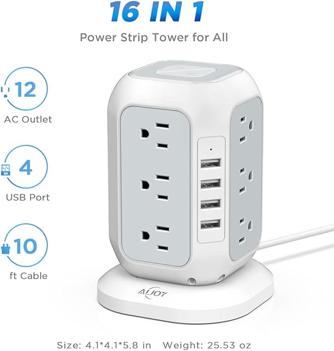 Power Strip Tower with USB Ports-AiJoy Surge Protector with 12 AC Outlet and 4 - Image 2