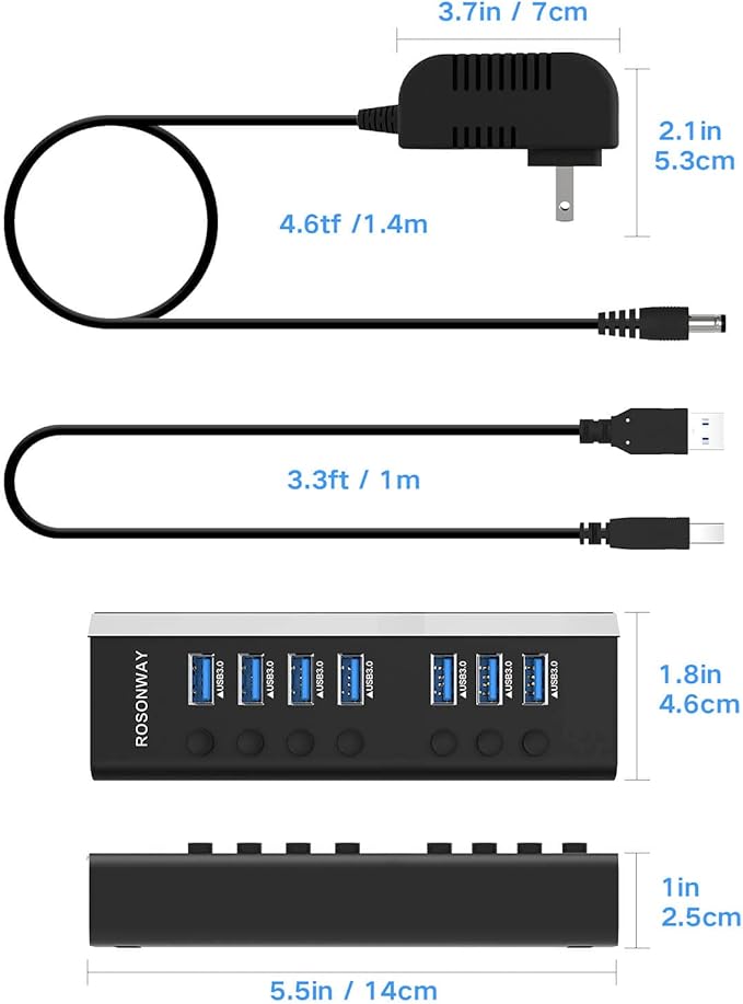 USB Hub 3.0 Powered Rosonway Aluminum 7 Ports USB 3.0 Data Hub Splitter - Image 8