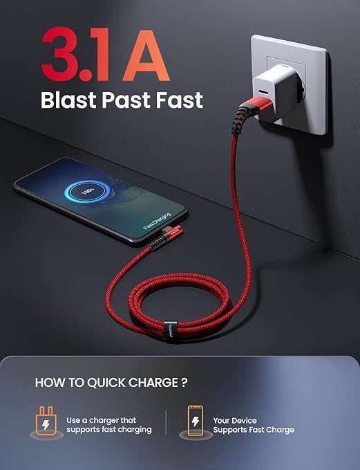 AINOPE USB C to USB Cable 3.1A USB Fast Charge Right Angle, Resistant Nylon - Image 5