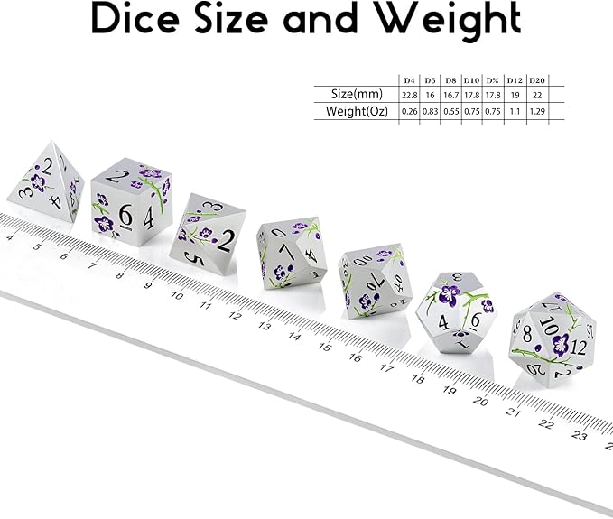 Flower Silver Metal Dice, DNDND 7 PCS Heavy Metallic D&D Dice Set - Image 6