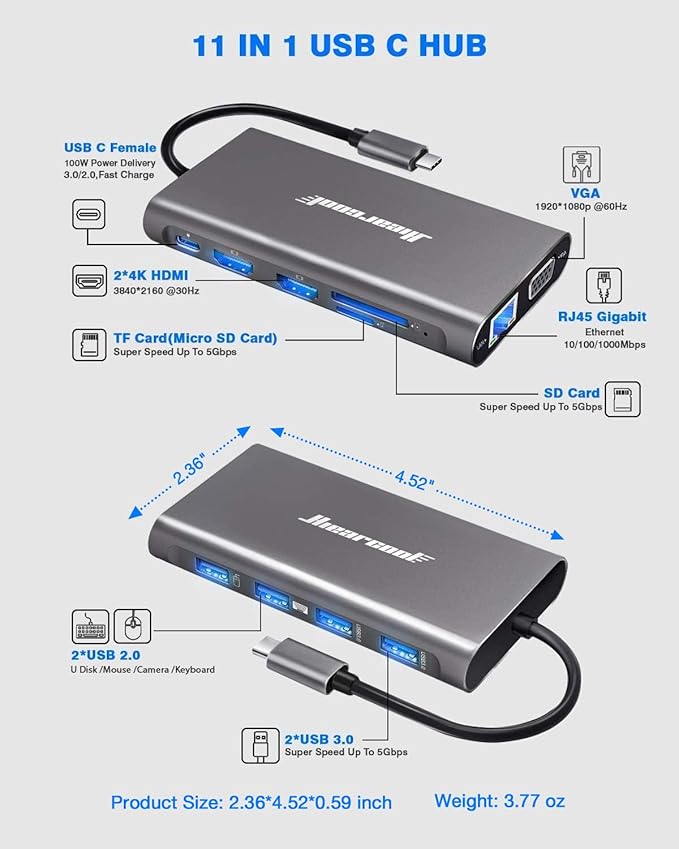 Hiearcool USB C Hub, USB-C Laptop Docking Station, 11IN1 Triple Display Type C - Image 3