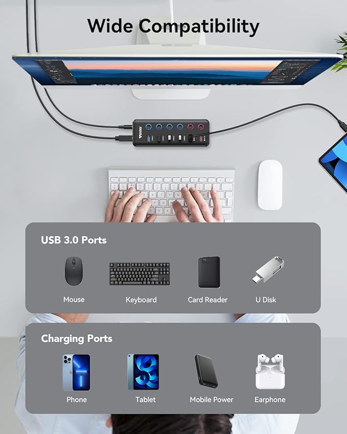 Powered USB Hub, Wenter 6-Port USB 3.0 Hub Splitter - Image 7
