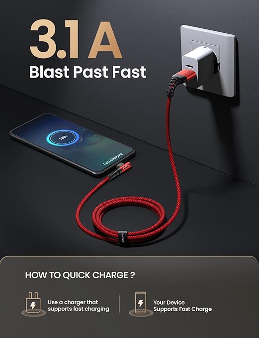 AINOPE USB C Cord 3.1A Fast Charge, Type C Charging Cable Right Angle, - Image 5