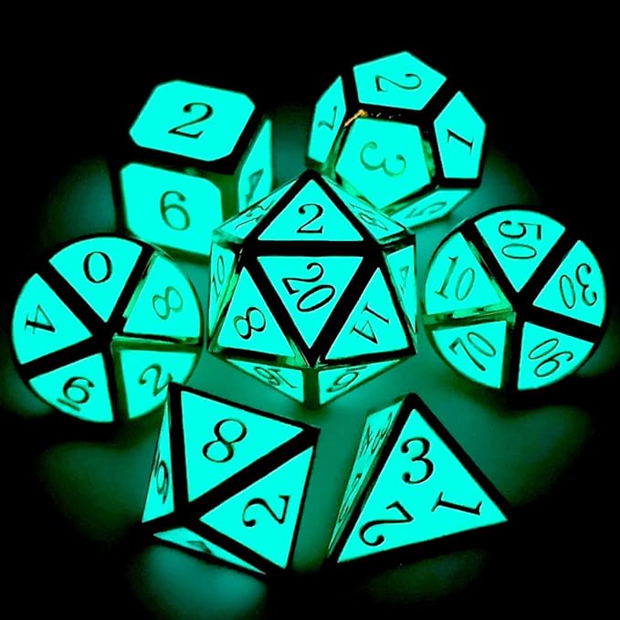 Haxtec Glow in The Dark Glowing Blue Metal Dice Set D&D W/Dragon Dice Bag 7PCS - Image 3