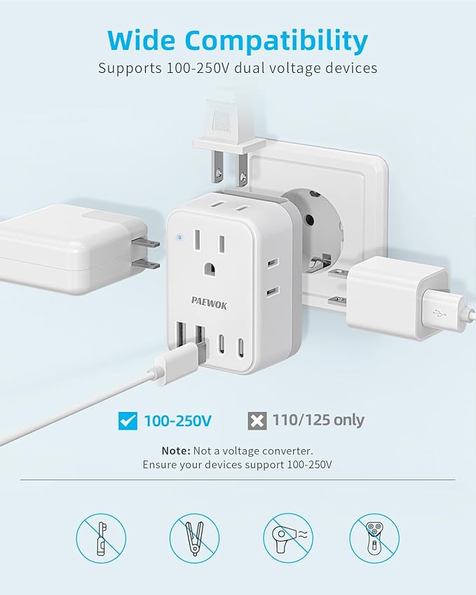 European Travel Plug Adapter USB C, US to EU/UK Plug Adapter- 4AC Outlets 4 USB - Image 5