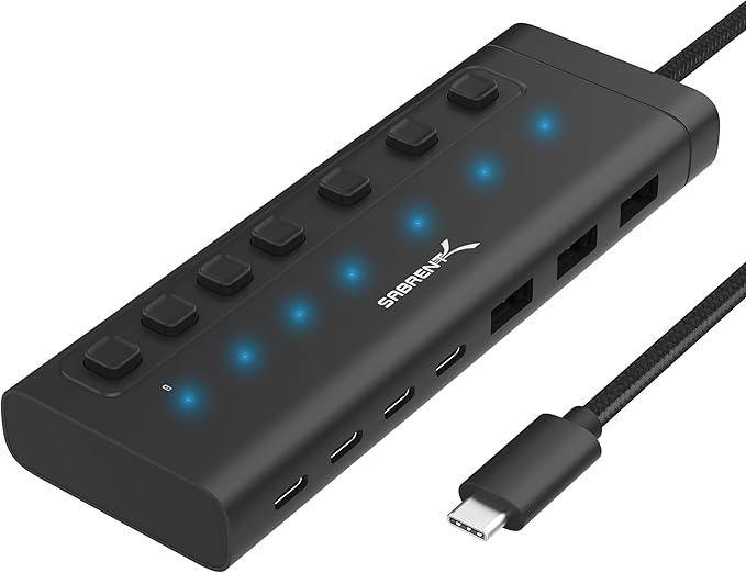 SABRENT 7-Port USB-C Hub with Power Switches, 5Gbps USB 3.2, 48W Powered Hub by SABRENT