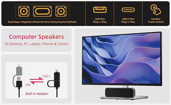 Computer Speakers for Desktop PC Laptop, USB Plug-in, External Speakers for - Image 2