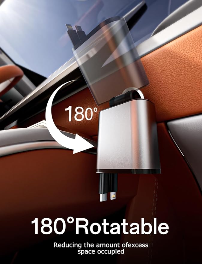 Retractable Car Charger with Dual Retractable Cords, Type-C Cable Fast Charging - Image 3