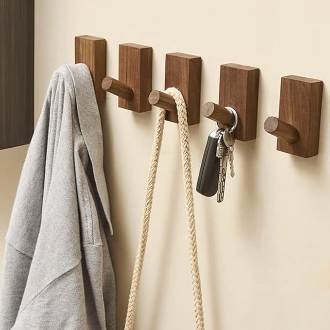 HomeDo 4Pack Adhesive Wall Hooks Hat Rack, Wooden Coat Hooks Wall Mounted - Image 5