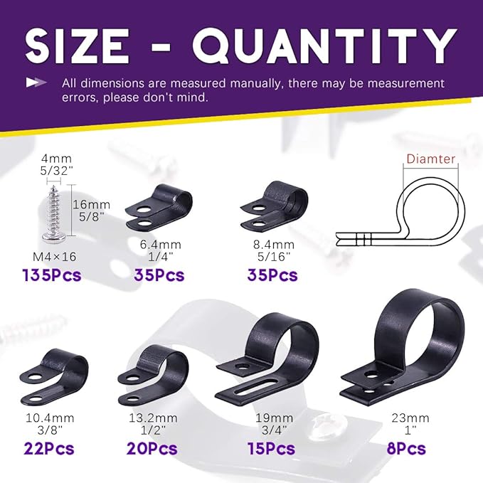 Swpeet 135 Pack 6 Sizes Black Nylon Plastic R-Type Cable Clips Clamp Assortment - Image 2
