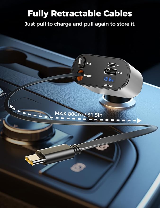 【Upgraded】 SUPERONE Retractable Car Charger 4 in 1, Fast Car Phone Charger - Image 2
