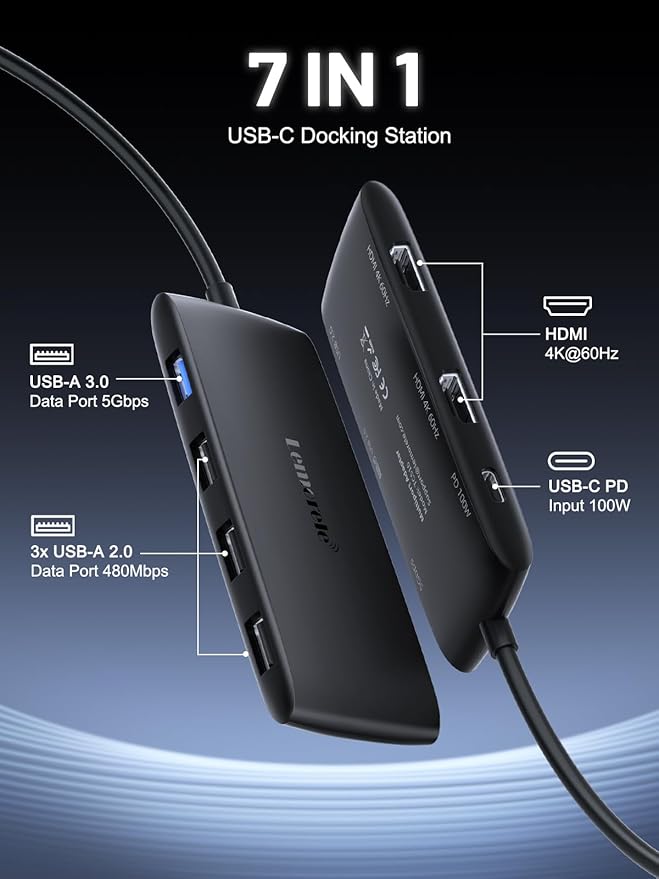 Lemorele Docking Station Dual Monitor 4K 60Hz, 7 in 1 USB C Dongle Multiport - Image 2