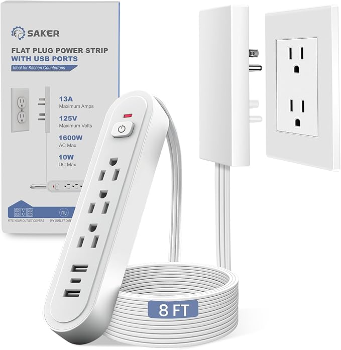Saker Outlet Concealer Power Strip, 8FT Surge Protector Flat Extension Cord by Saker