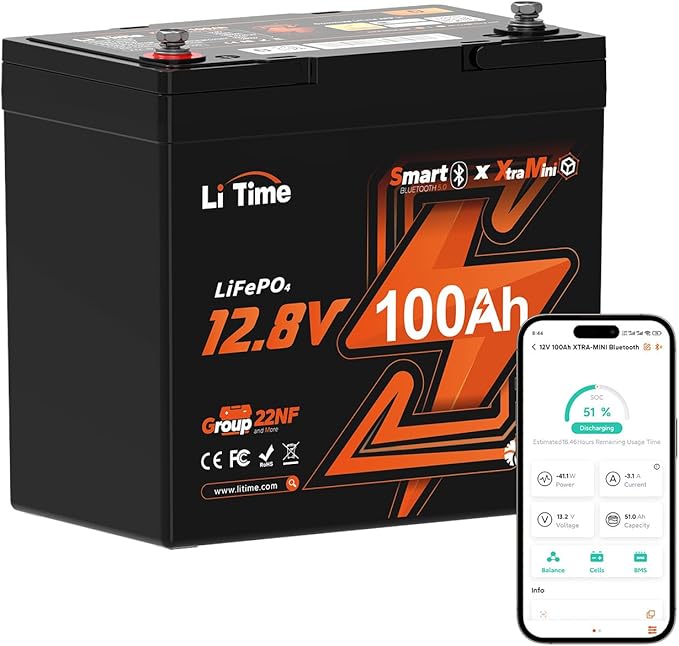 LiTime 12V 100Ah Xtra-Mini Bluetooth Small LiFePO4 Battery by LiTime