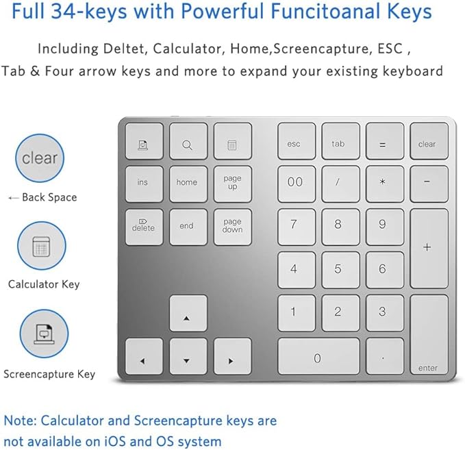 Bluetooth Number Pad, Wireless Numeric Keypad, USB-C Rechargeable External - Image 3