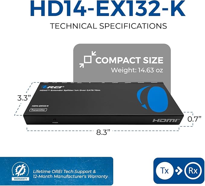 OREI 1x4 HDMI Extender Splitter Multiple Over Single Cable CAT6/7 1080P - Image 5