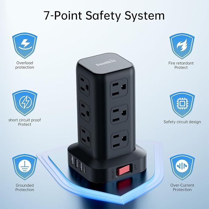PD 20W USB C Surge Protector, Mini Power Strip Tower Travel 12 AC 4 USB Power - Image 3