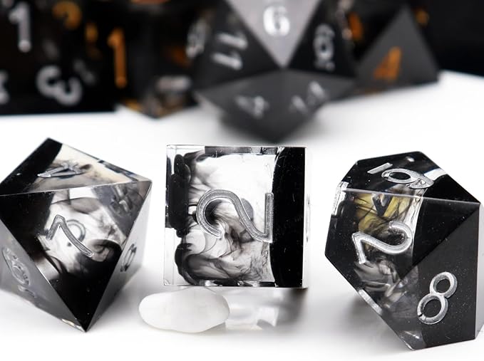 Haxtec Sharp Edge DND Dice Set Black Swirls Resin Dice by HaxtecDice