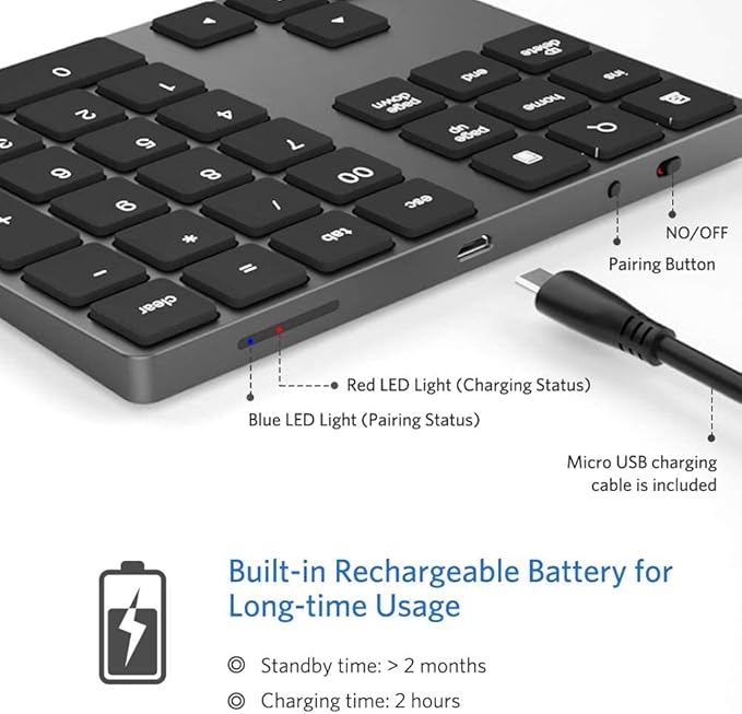 Bluetooth Number Pad, Aluminum Rechargeable Numeric Keypad Wireless 34-Keys - Image 5