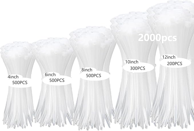 2000 PCS Zip Ties Assorted Sizes 4+6+8+10+12 Inch Self-locking Nylon Cable ties by MasiStranth