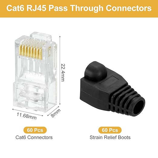 MECCANIXITY 60pcs Cat6 RJ45 Pass Through Connectors, RJ45 Connector 8P8C Gold - Image 2