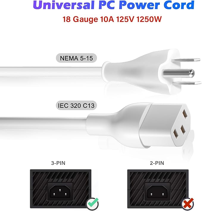 Adoreen 10 Ft Computer TV Replacement Power Cord White, 18AWG 3-Prong AC - Image 3