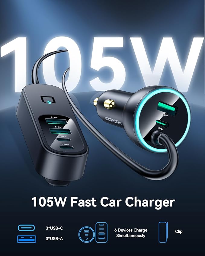 Rocoren 105W 6-Port Multiport Car Charger, PD Fast USB C Car Charger - Image 2