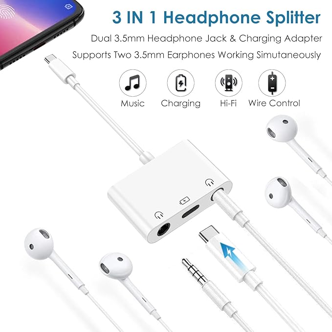 USB C to 3.5mm Audio Adapter, 3-in-1 Aux to USB C Headphone Splitter - Image 2