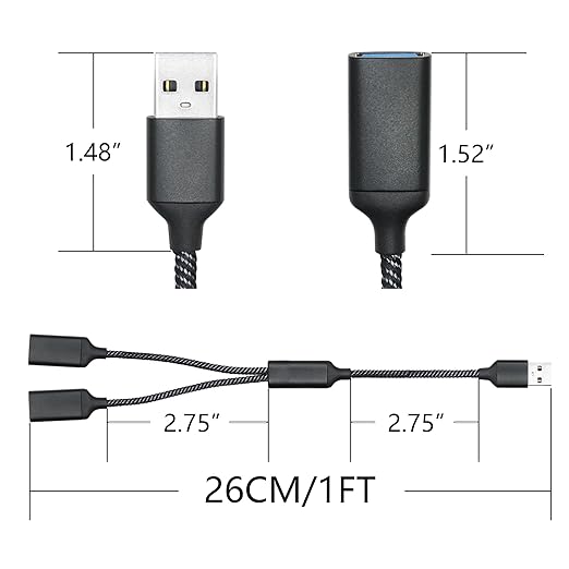 USB Splitter Cable 1FT, USB A Male to Dual USB A Female Y Splitter Adapter 1 in - Image 6