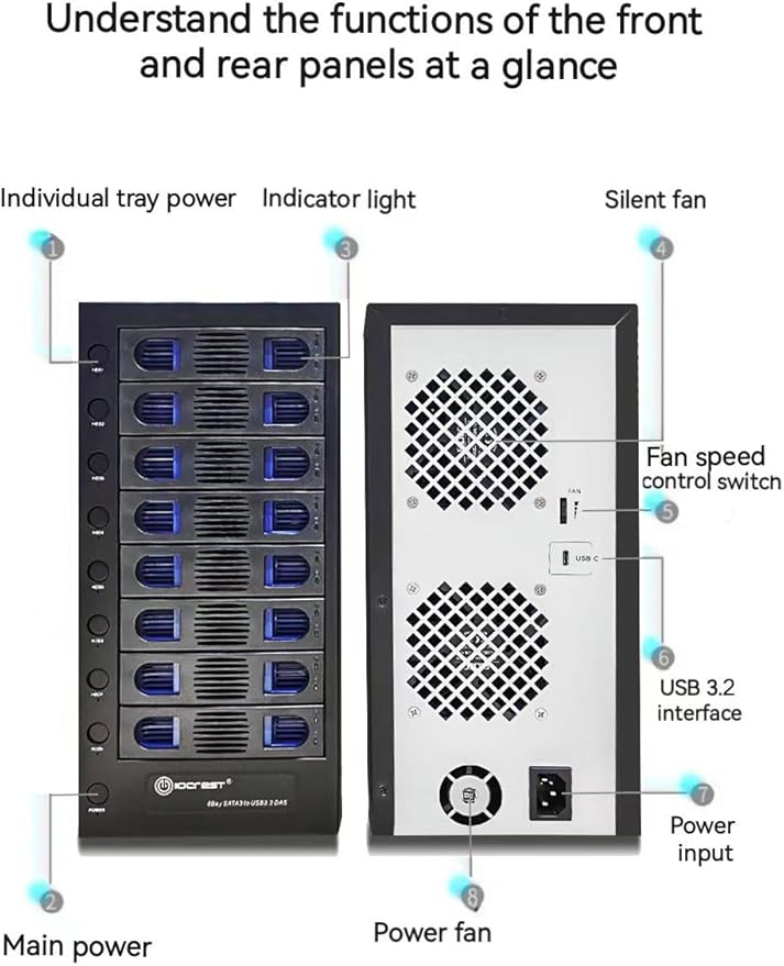 8 Bay Tool Less Tray Hot Swapable 2.5" and 3.5" SATA Hard Drive External USB-C - Image 6